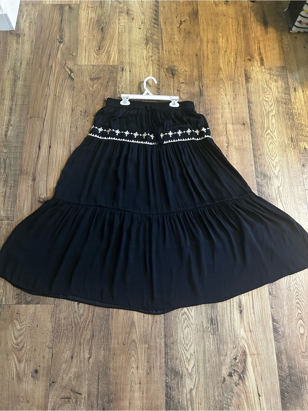 Rachel Zoe Black Tiered Midi Skirt with White Embroidered Band
